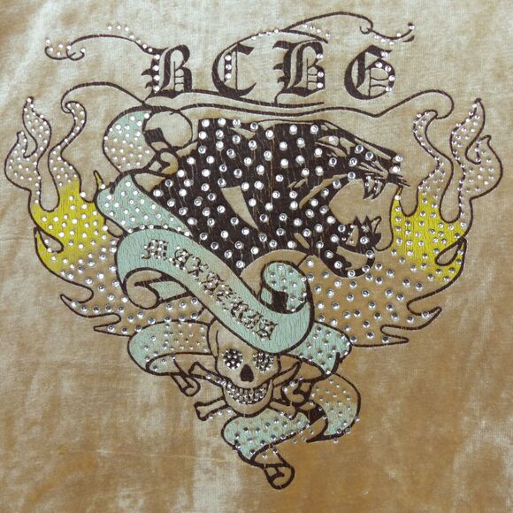 Vtg BCBGMAXAZRIA Y2K Velour Hoodie Track Jacket M Beige Rhinestone Graphic Flame - Picture 13 of 15